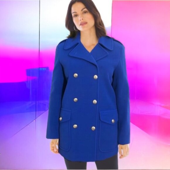 LE MONDE CASANDRA COUTURE Classic Royal Blue Double Breasted Wool Pea Coat Sz 2 - Picture 2 of 6